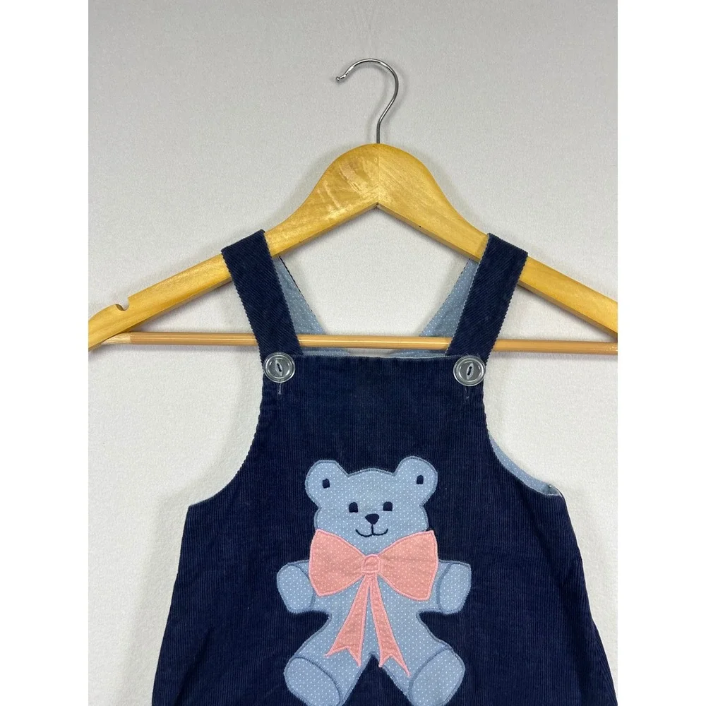 Vintage Humpty Dumpty Duds Baby Navy Corduroy‎ Teddy Bear Jumper Dress 12-18M